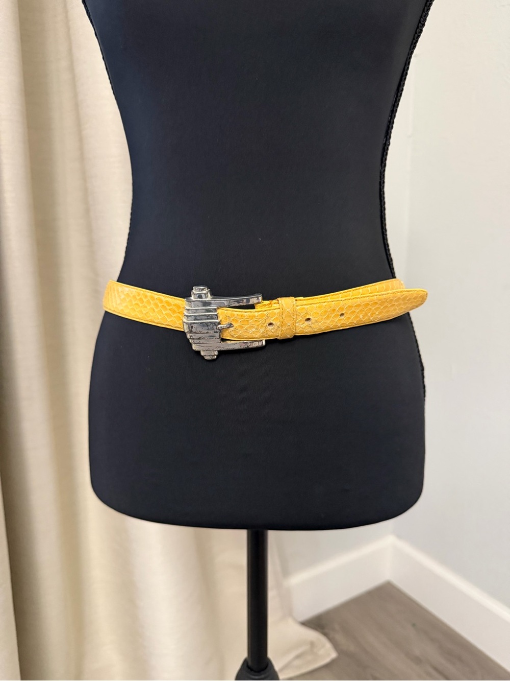Vintage Ritz Genuine Snakeskine Yellow Leather Waist Belt with Silver Buckle